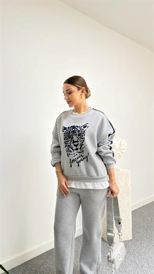 Trier Tshirt Detaylı Şeritli Leopar Sweat