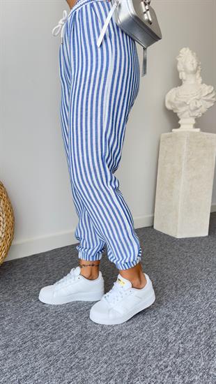 Mavi Çizgili Keten Jogger Pantolon