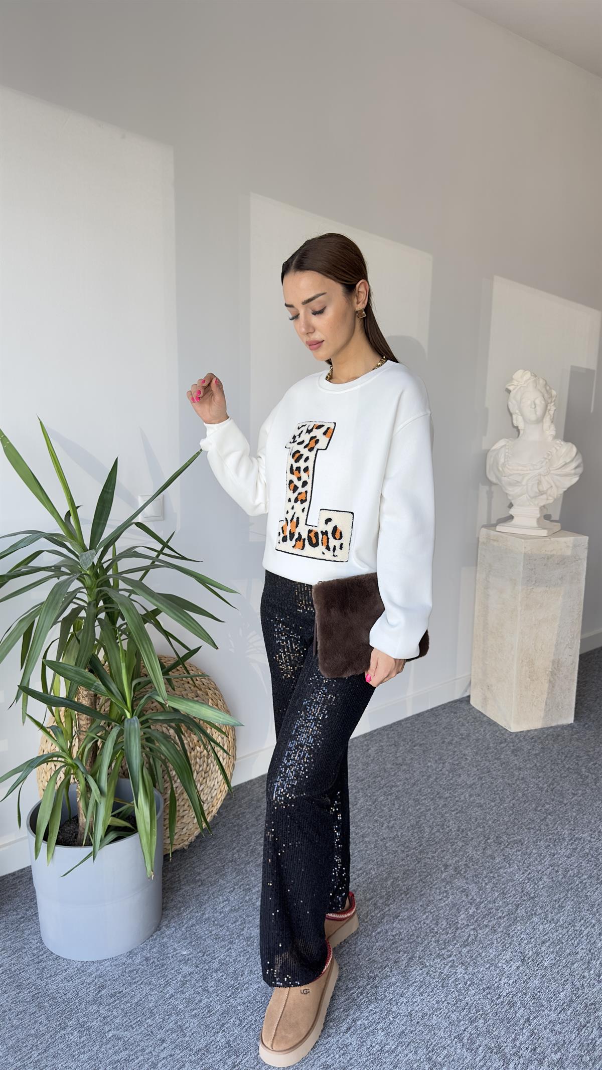 L Baskı Leopar Detay Beyaz Zra Sweat