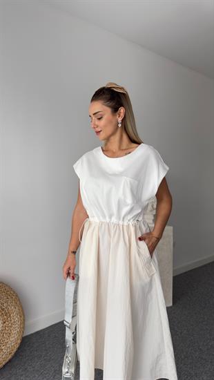 Cros Tws Model Bel Büzgülü Bej Elbise 
