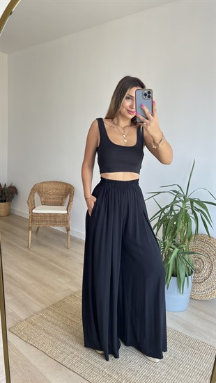 Bol Paça Siyah Viskon Pantolon