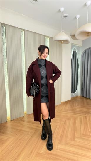 Bordo Liche Kuşaklı Kaşe Kaban