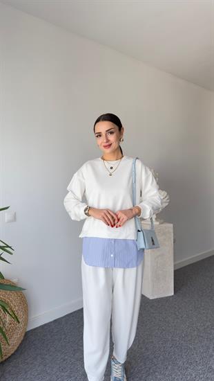 Çizgili Poplin Garnili Beyaz Sweat
