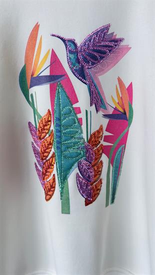 Kuş Baskılı Beyaz Sweatshirt