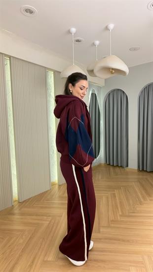 Bordo Balon Kol Triko Garnili Üçlü Takım