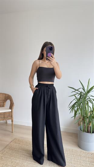 Keten Beli Lastikli Siyah Pantolon