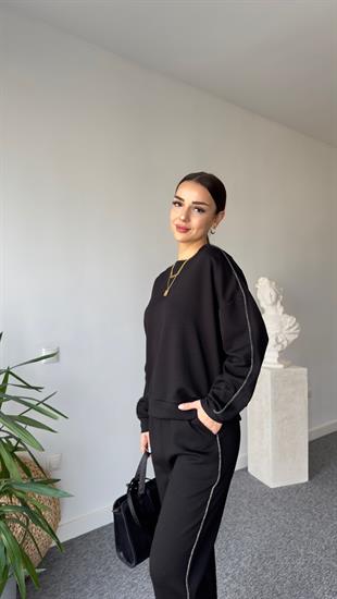 Taş Şerit Detaylı Siyah Modal Takım