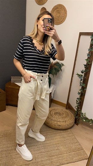 Yakası Dantelli Çizgili Tshirt