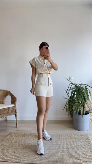 Gold Düğmeli Cep Detay Bej İkili Takım