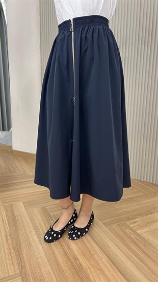 Lacivert Quqa Fermuarlı Muadil Etek