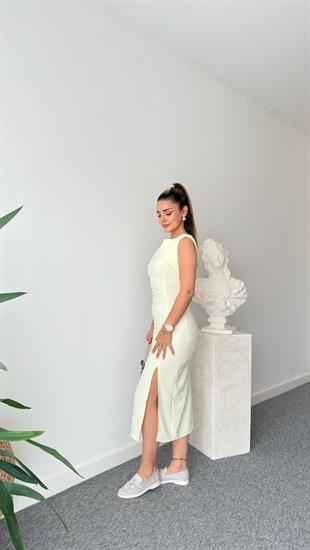 Sarı Floras Yırtmaçlı Keten Elbise 