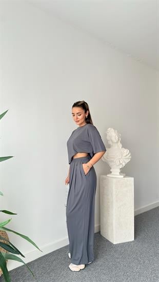 Gri Gablit Pile Detaylı İkili Takım