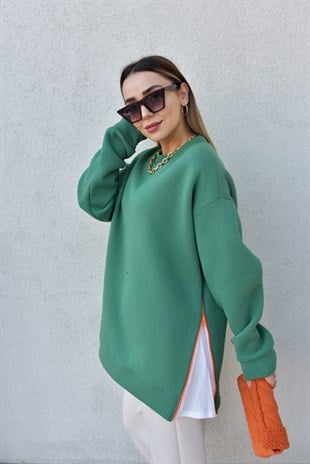 Yanı Fermuar Detaylı Salaş Yeşil Sweat