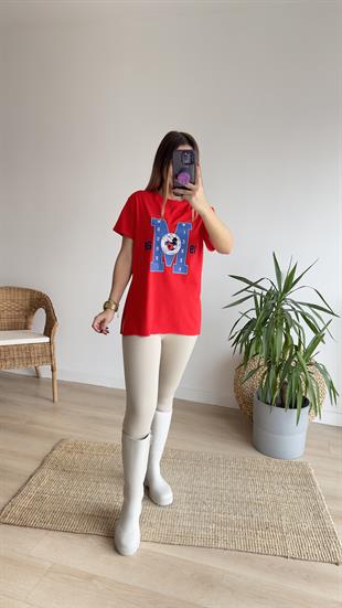 M Baskı Kırmızı Tshirt