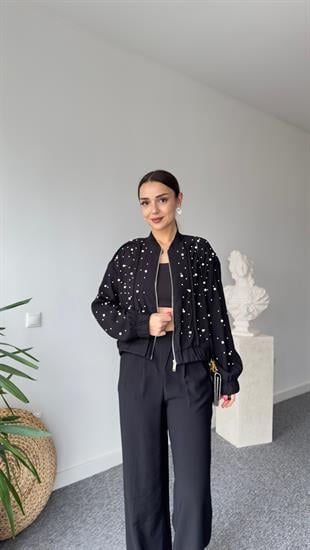 New İncili Siyah Bomber Ceket