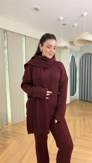 Bordo Atkılı Üçlü Triko Takım