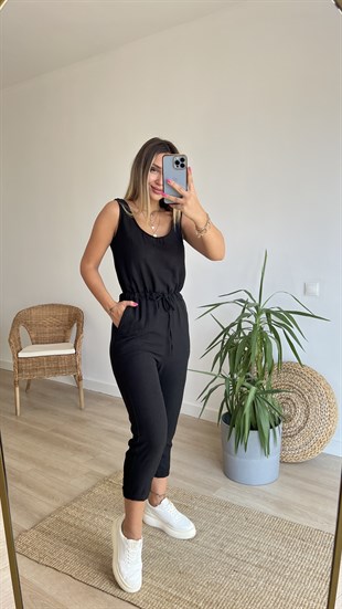 Beli Lastikli Siyah Kolsuz Tulum
