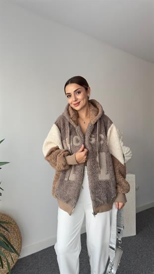 Premıum Yazı Detaylı Kahve Peluş Mont