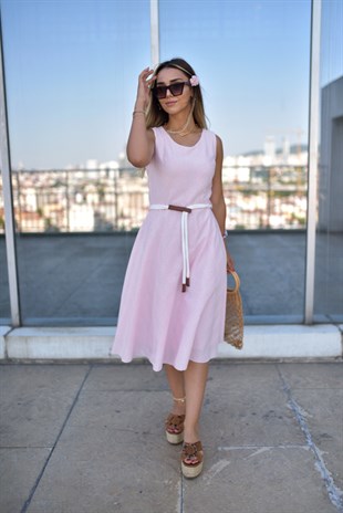 Halat Kemerli Pembe Fisto Elbise