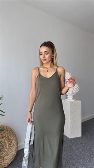 Katala Yırtmaçlı Haki Modal Elbise 