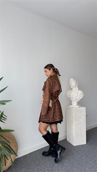 Kahve Zra Model Kuşaklı Leopar Ceket