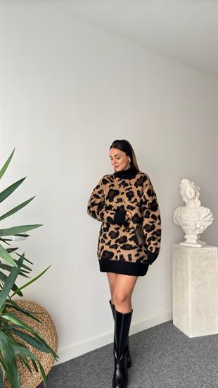 Boğazlı Leopar Desen Tunik Kazak