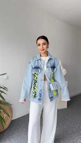 Lera Yeşil Leopar Detaylı Tasarım Jean Ceket