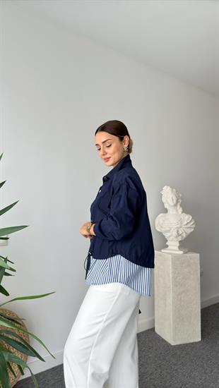 Sherina Çizgili Poplin Garnili Lacivert Ceket