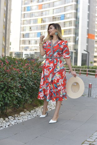 Floral Desenli Kırmızı Elbise