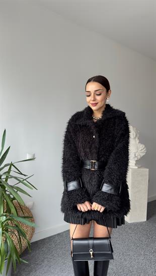 Premıum Deri Detaylı Siyah Peluş Mont 