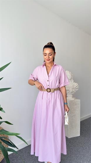 Hasır Kemerli Çizgili Pembe Gömlek Elbise