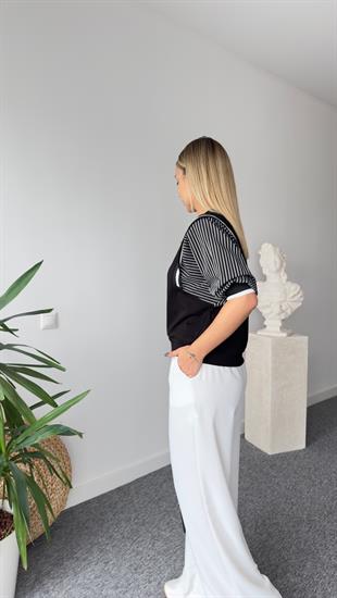 Vuo Aksesuarlı Kollar Çizgili Siyah Tshirt