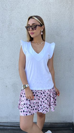 Kolları Volanlı V Yaka Beyaz Tshirt