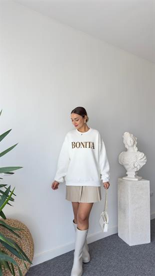 Leopar Bonita Yazılı Ekru Sweatshirt