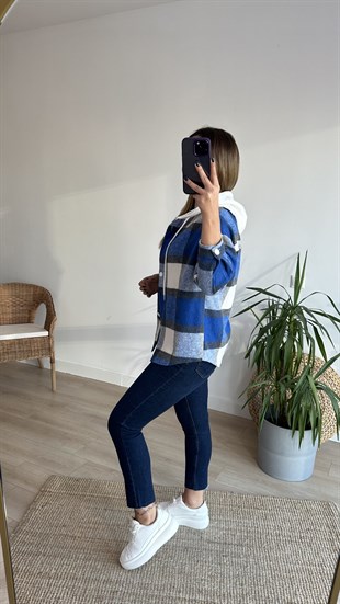 Mavi Ekose Detay Kapüşonlu Sweatshirt