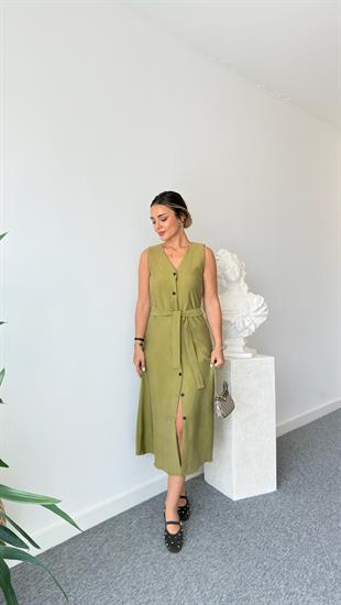 Olive Carli Kuşaklı Tensel Massi Elbise