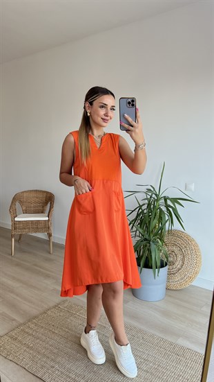 Poplin Detaylı Cepli Turuncu Elbise 