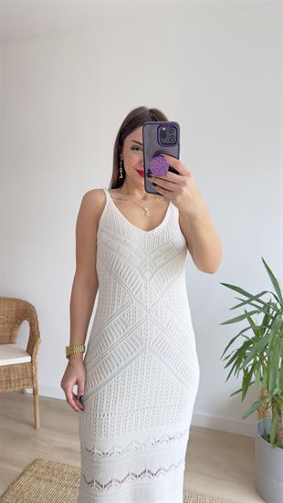 Askılı Beyaz Örme Elbise