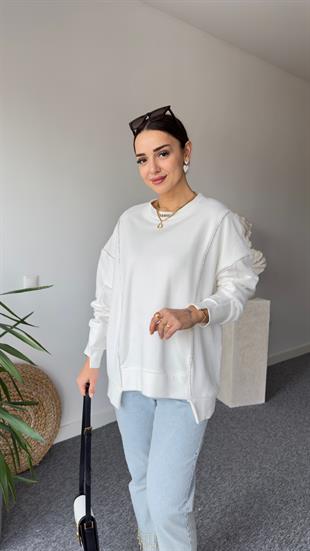 Yela Asimetrik Taş Detay Tasarım Beyaz Sweat