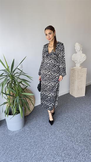 Saten V Yaka Zebra Desen Elbise