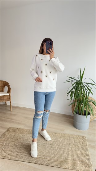 Göz Detaylı Şardonlu Beyaz Sweat