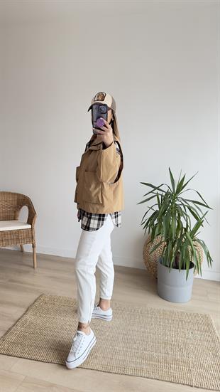 Ekose Detaylı Camel Ceket