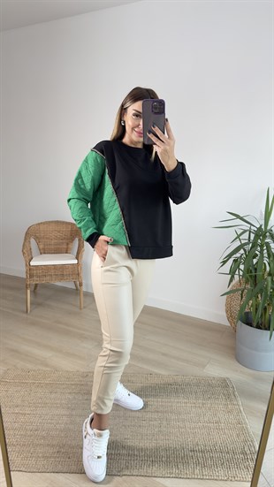 Yeşil Kapitoneli Taş Detay Siyah Sweat