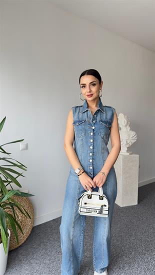 Sırt Dekolte Düğmeli Jean Tulum