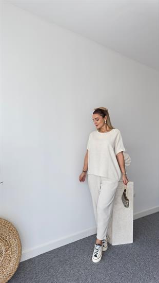 Nujo Kısa Kollu Bej Keten Takım