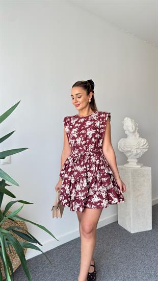 Bordo Çiçek Desenli Volanlı Elbise 