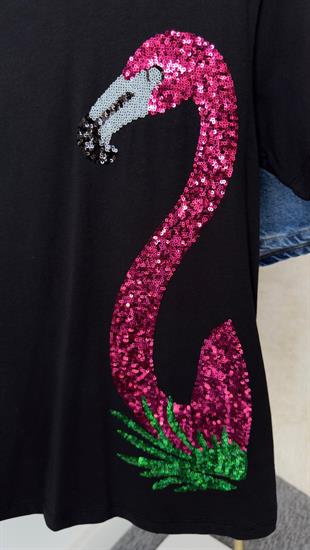 Flamingo İşlemeli Siyah Tshirt