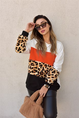 Peluş Leopar Detaylı Çok Renkli Sweat
