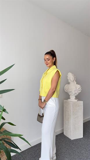 Sarı Gold Düğmeli Dikiş Detaylı Yelek