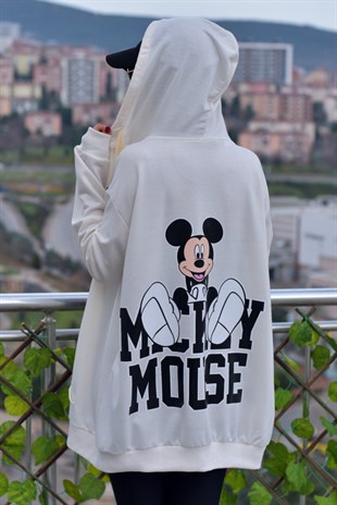 Sırtı Mickey Baskılı Ekru Kapüşonlu Sweatshirt